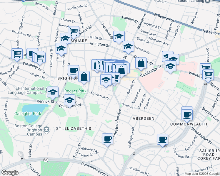 map of restaurants, bars, coffee shops, grocery stores, and more near 30 Chestnut Hill Avenue in Boston
