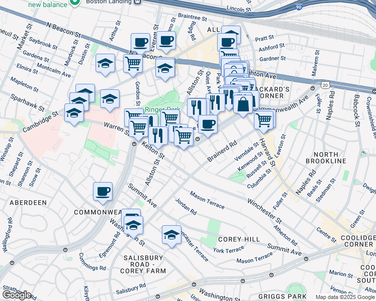 map of restaurants, bars, coffee shops, grocery stores, and more near 1348 Commonwealth Avenue in Boston