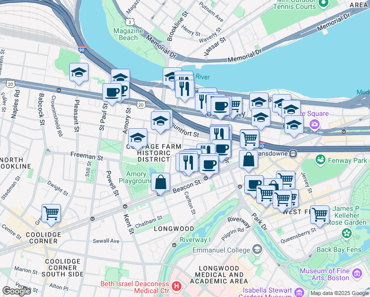 map of restaurants, bars, coffee shops, grocery stores, and more near 121 Carlton Street in Brookline