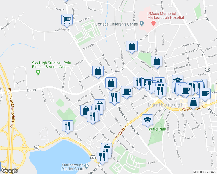 map of restaurants, bars, coffee shops, grocery stores, and more near 131 Pleasant Street in Marlborough