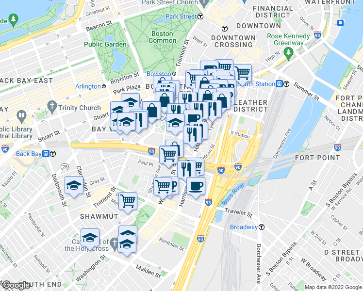 map of restaurants, bars, coffee shops, grocery stores, and more near 4 Pine Street in Boston