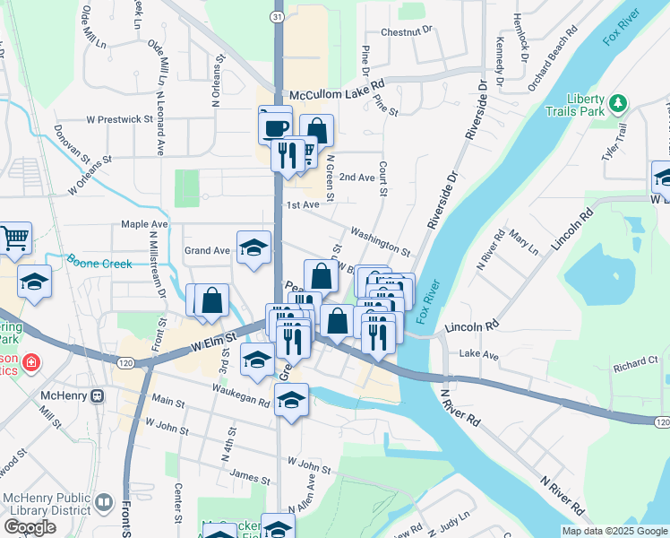 map of restaurants, bars, coffee shops, grocery stores, and more near 1412 North Green Street in McHenry