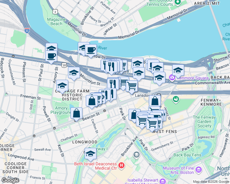 map of restaurants, bars, coffee shops, grocery stores, and more near 536 Park Dr in Boston