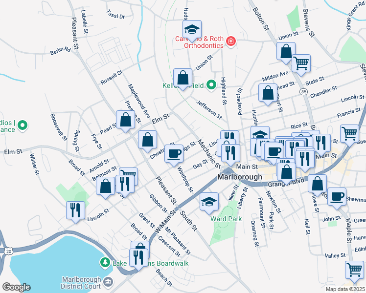 map of restaurants, bars, coffee shops, grocery stores, and more near 36 Chestnut Street in Marlborough