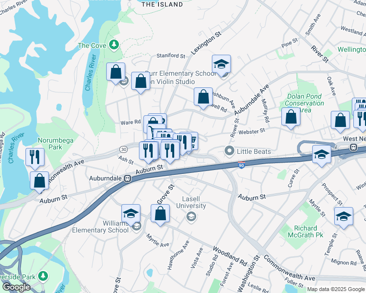 map of restaurants, bars, coffee shops, grocery stores, and more near 2053 Commonwealth Avenue in Newton