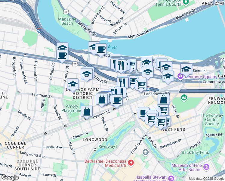 map of restaurants, bars, coffee shops, grocery stores, and more near 7 Euston Street in Brookline