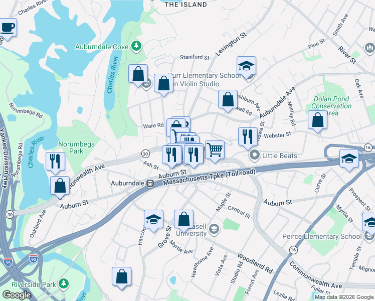 map of restaurants, bars, coffee shops, grocery stores, and more near Commonwealth Avenue & Lexington St in Newton