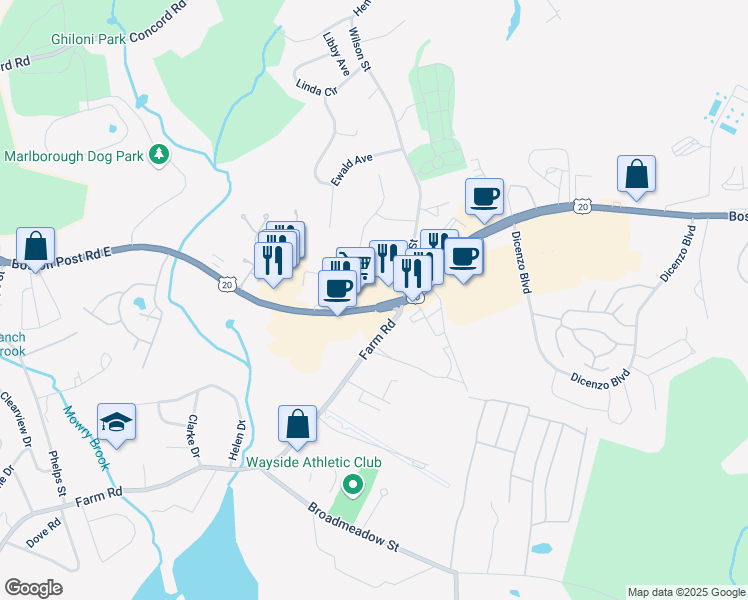 map of restaurants, bars, coffee shops, grocery stores, and more near 526 Boston Post Road East in Marlborough