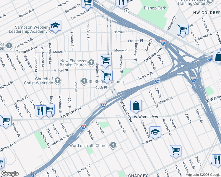 map of restaurants, bars, coffee shops, grocery stores, and more near W Grand Blvd & McGraw St in Detroit