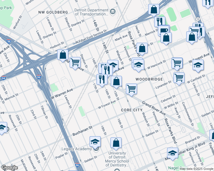 map of restaurants, bars, coffee shops, grocery stores, and more near 4831 Grand River Avenue in Detroit