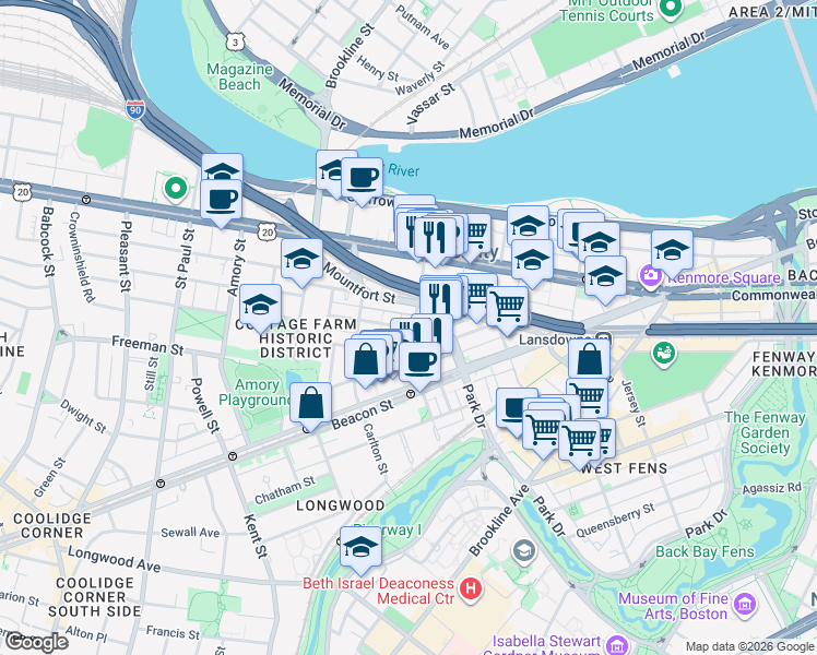 map of restaurants, bars, coffee shops, grocery stores, and more near 7 Euston Street in Brookline