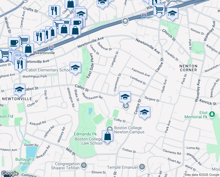 map of restaurants, bars, coffee shops, grocery stores, and more near 28 Laudholm Road in Newton