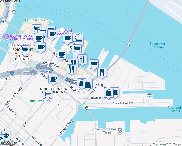 map of restaurants, bars, coffee shops, grocery stores, and more near 899 Congress Street in Boston