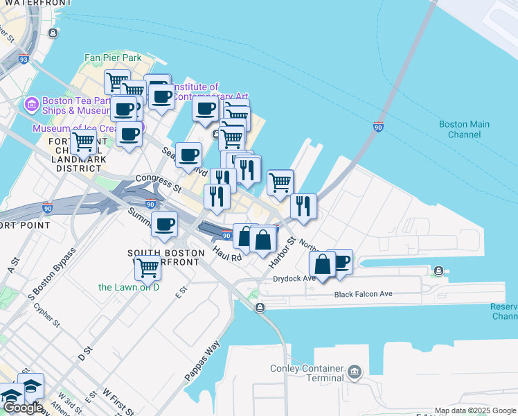 map of restaurants, bars, coffee shops, grocery stores, and more near 899 Congress Street in Boston