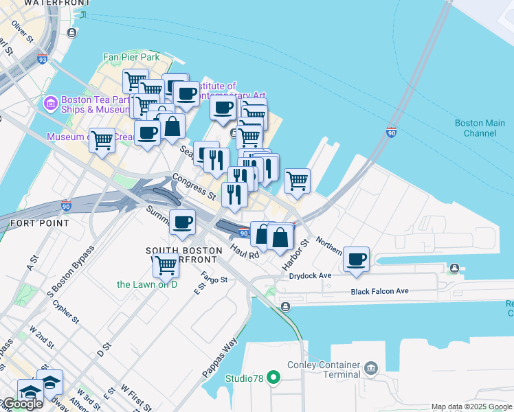 map of restaurants, bars, coffee shops, grocery stores, and more near 1 Park Lane in Boston