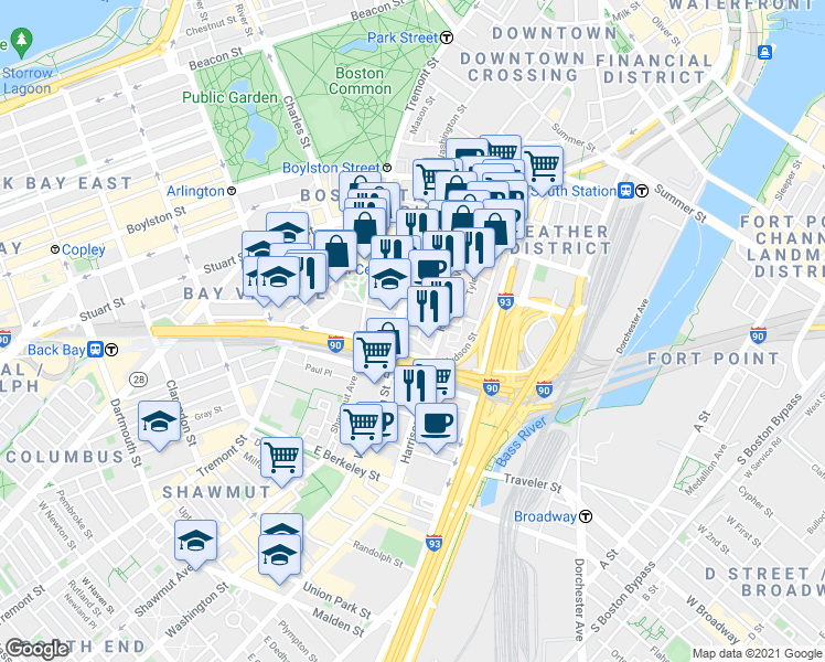 map of restaurants, bars, coffee shops, grocery stores, and more near 892 Washington Street in Boston