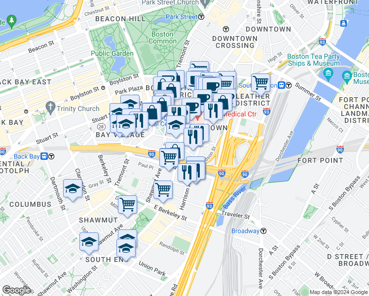 map of restaurants, bars, coffee shops, grocery stores, and more near 892 Washington Street in Boston