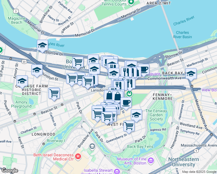 map of restaurants, bars, coffee shops, grocery stores, and more near in Boston