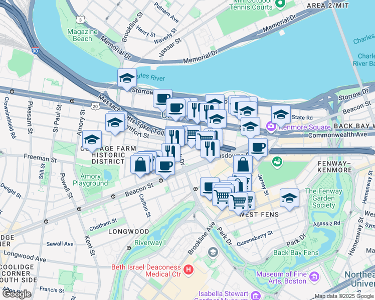 map of restaurants, bars, coffee shops, grocery stores, and more near 1 Buswell Street in Boston