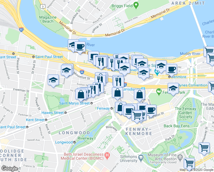 map of restaurants, bars, coffee shops, grocery stores, and more near 1 Buswell Street in Boston