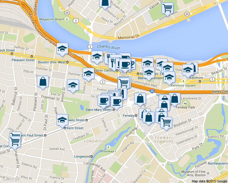 map of restaurants, bars, coffee shops, grocery stores, and more near 7 Euston Street in Brookline