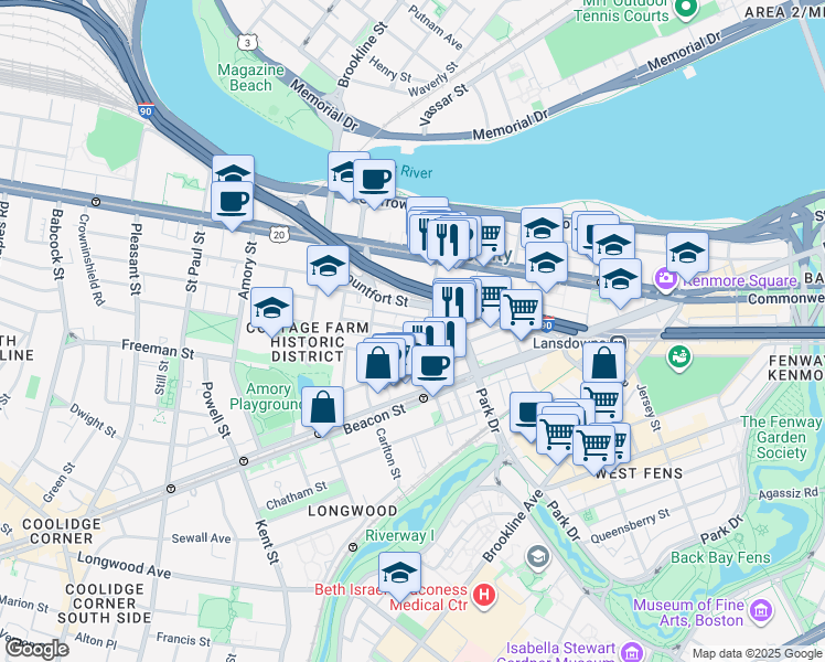 map of restaurants, bars, coffee shops, grocery stores, and more near 7 Euston Street in Brookline