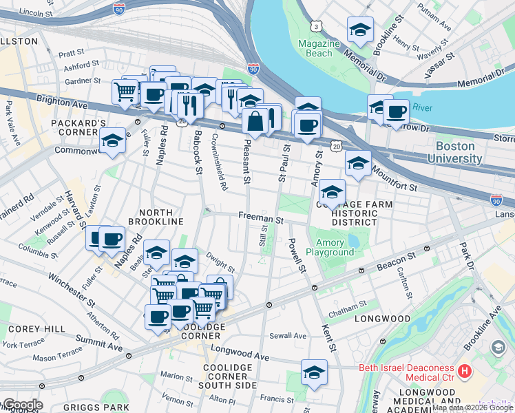 map of restaurants, bars, coffee shops, grocery stores, and more near 73 Thatcher Street in Brookline