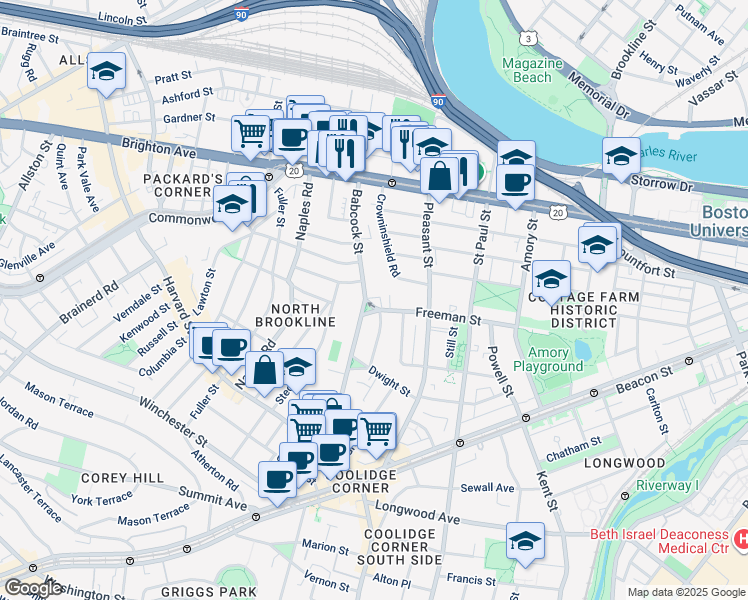 map of restaurants, bars, coffee shops, grocery stores, and more near 145 Babcock Street in Brookline
