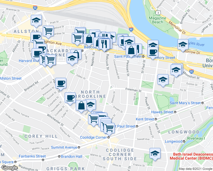map of restaurants, bars, coffee shops, grocery stores, and more near 145 Babcock Street in Brookline