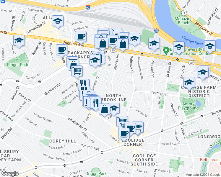 map of restaurants, bars, coffee shops, grocery stores, and more near in Brookline