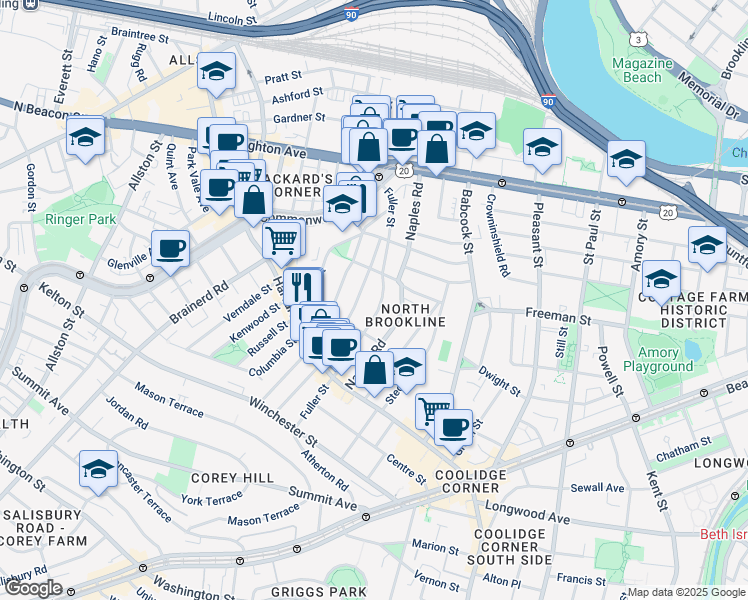 map of restaurants, bars, coffee shops, grocery stores, and more near in Brookline