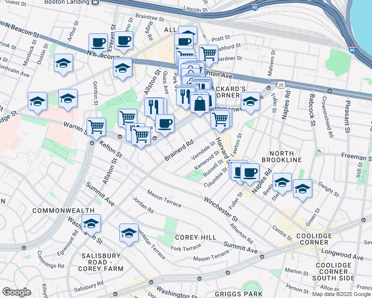 map of restaurants, bars, coffee shops, grocery stores, and more near 65 Brainerd Road in Boston