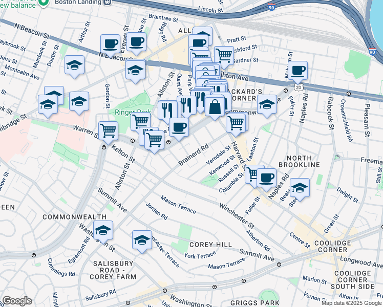 map of restaurants, bars, coffee shops, grocery stores, and more near 65 Brainerd Road in Boston