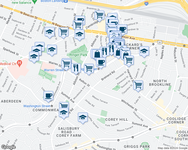 map of restaurants, bars, coffee shops, grocery stores, and more near 1348 Commonwealth Avenue in Boston