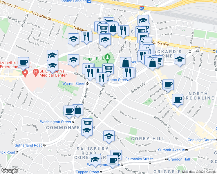 map of restaurants, bars, coffee shops, grocery stores, and more near 1384 Commonwealth Avenue in Boston