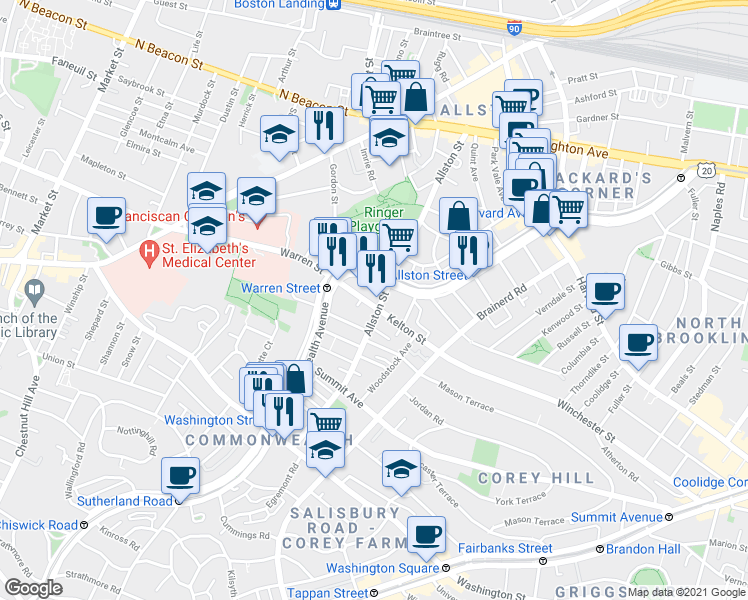 map of restaurants, bars, coffee shops, grocery stores, and more near 153 Kelton Street in Boston
