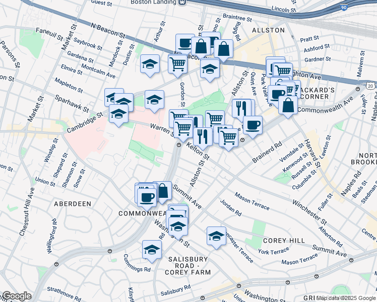 map of restaurants, bars, coffee shops, grocery stores, and more near 153 Kelton Street in Boston