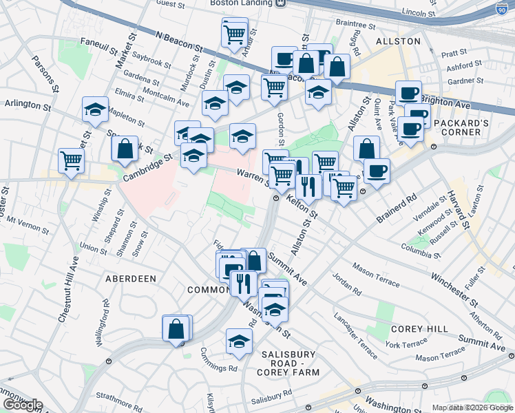map of restaurants, bars, coffee shops, grocery stores, and more near 1465 Commonwealth Avenue in Boston