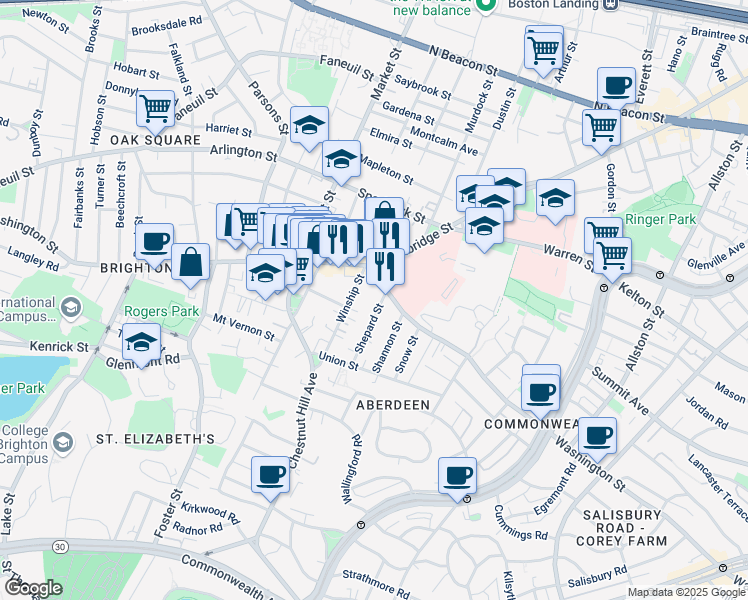 map of restaurants, bars, coffee shops, grocery stores, and more near 18 Winship Street in Boston