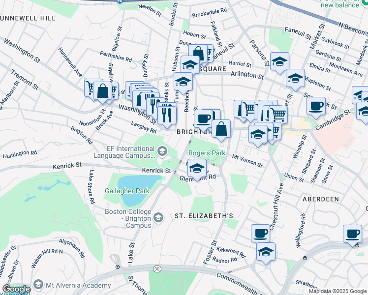 map of restaurants, bars, coffee shops, grocery stores, and more near 226 Lake Street in Boston