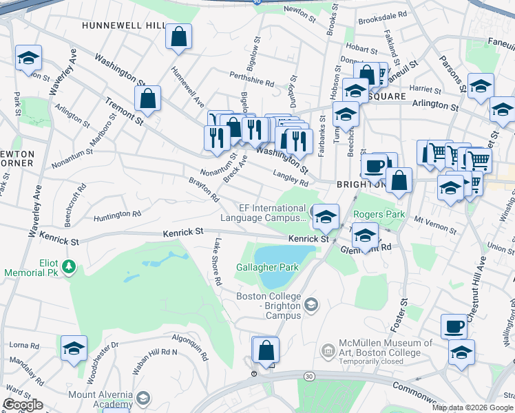 map of restaurants, bars, coffee shops, grocery stores, and more near 48 South Crescent Circuit in Boston