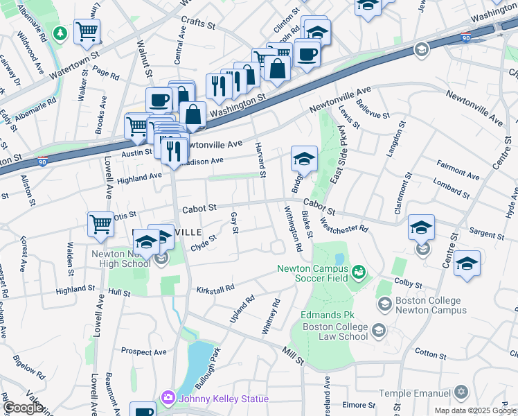 map of restaurants, bars, coffee shops, grocery stores, and more near 288 Cabot Street in Newton