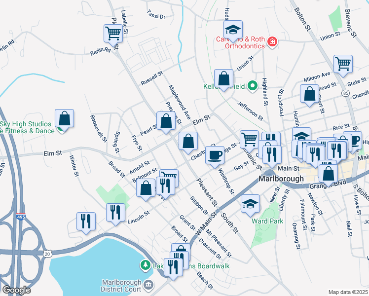 map of restaurants, bars, coffee shops, grocery stores, and more near 131 Pleasant Street in Marlborough