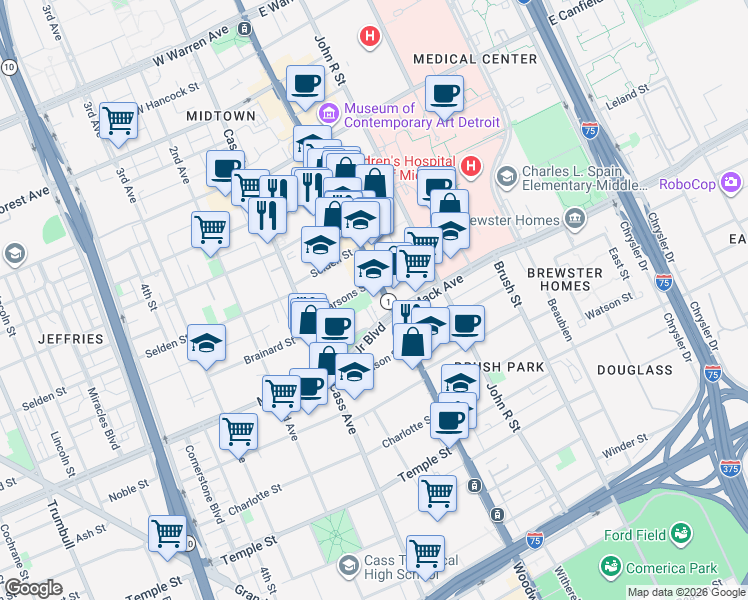 map of restaurants, bars, coffee shops, grocery stores, and more near 61 Parsons Street in Detroit