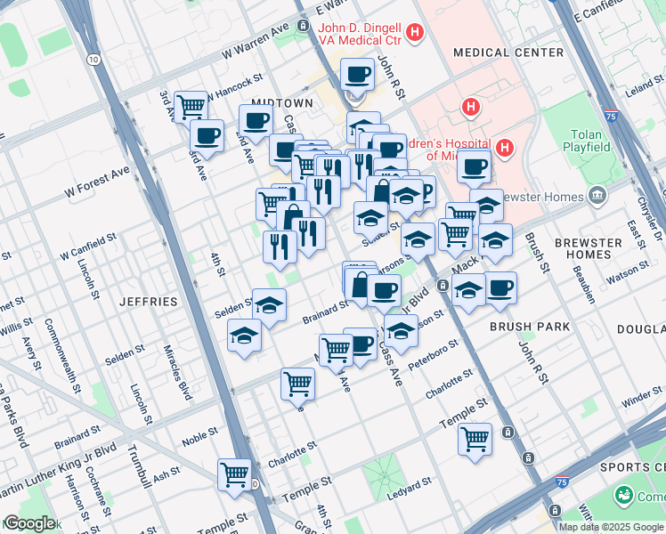 map of restaurants, bars, coffee shops, grocery stores, and more near 3901 Cass Avenue in Detroit
