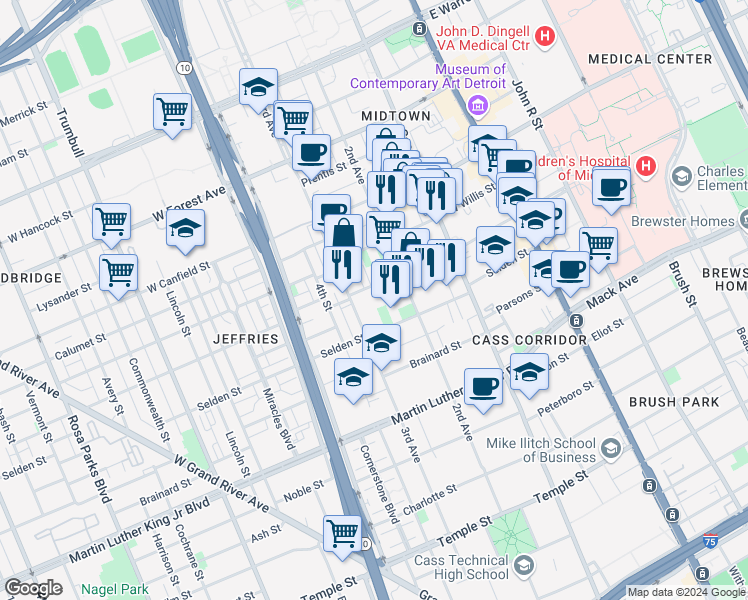 map of restaurants, bars, coffee shops, grocery stores, and more near 711 West Alexandrine Street in Detroit