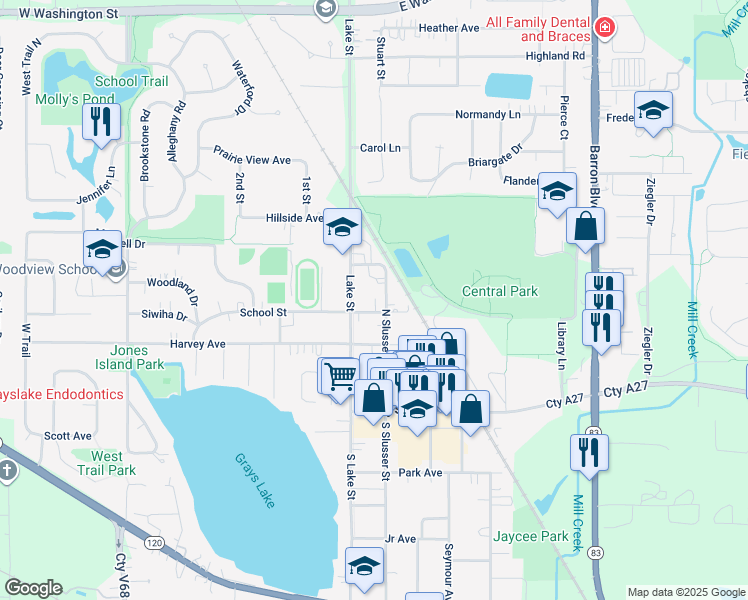 map of restaurants, bars, coffee shops, grocery stores, and more near 352 North Slusser Street in Grayslake