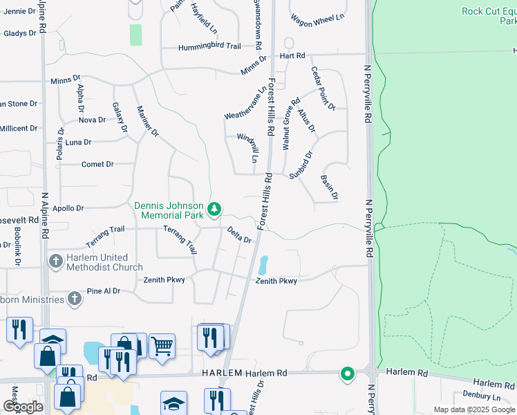 map of restaurants, bars, coffee shops, grocery stores, and more near 5155 Seaton Hall Drive in Machesney Park