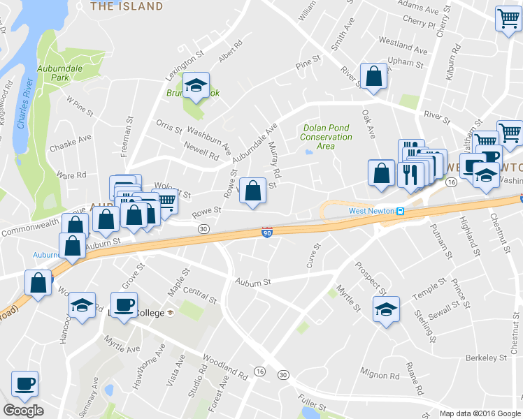 map of restaurants, bars, coffee shops, grocery stores, and more near 70 Rowe Street in Newton