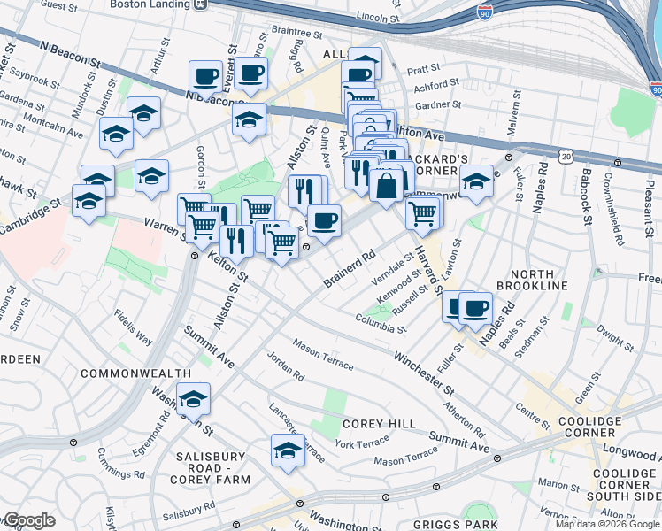 map of restaurants, bars, coffee shops, grocery stores, and more near 65 Brainerd Road in Boston